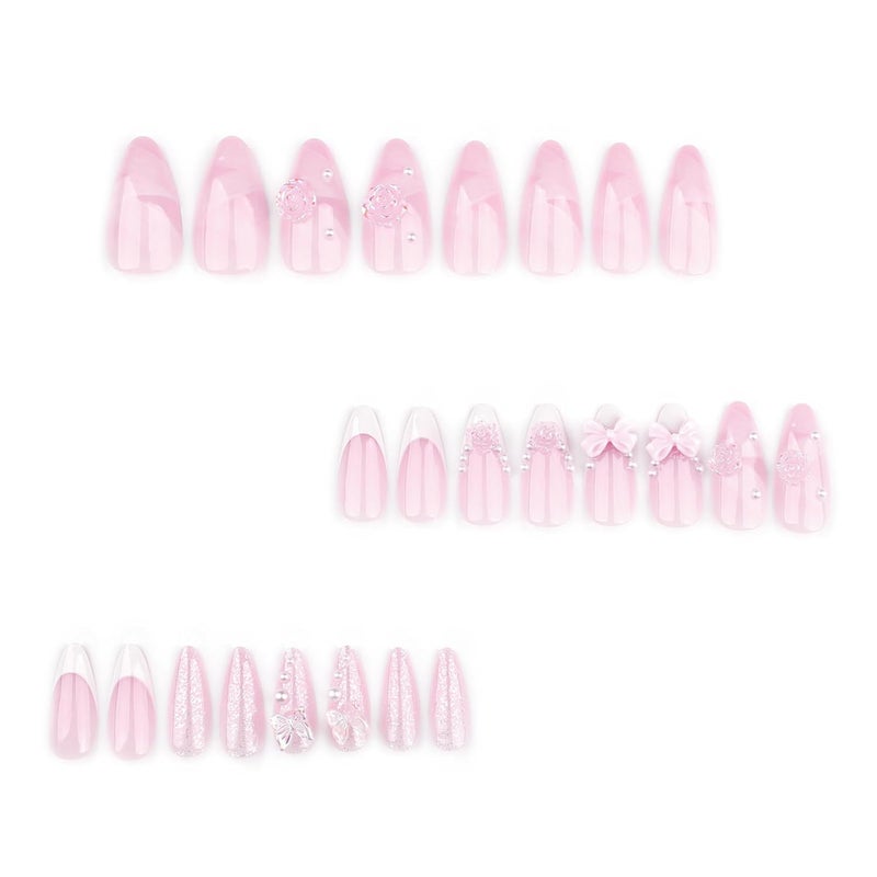 ASABITE 24 Pcs White French Tip Press on Nails Almond Medium Fake Nails with Glue Cute Pink False Nails with 3D Flower Bow Design Handmade Nails Glossy Holiday Glue on Nails Reusable Stick on Nails for Women - Image 4